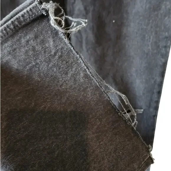 ZARA Wide Leg Distressed Black Denim Jeans Raw Hem Size 12 - Picture 3 of 4